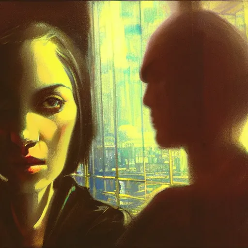 Prompt: detailed face of a woman, clockwork, moment, tectonic sky, skydome, bullet train, turbines, utopian, tech noir, wet reflections, prism, atmospheric, ambient, nick alm, casey baugh, pj crook, syd mead, livia prima, edward hopper