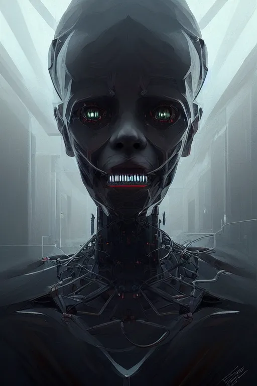 Prompt: professional concept art symmetrical portrait of a ominous floating!! mechanical ai terrifying!! thing in a dark room by artgerm and greg rutkowski. an intricate, elegant, highly detailed digital painting, concept art, smooth, sharp focus, illustration, in the style of cam sykes.