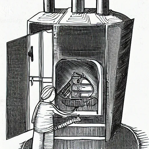 Image similar to line drawing of a furnace with people around it, pen on paper simple drawing by a 1 0 year old