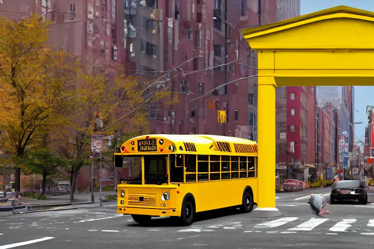 Prompt: Yellow school bus, a red japanese Torii gate, New York location in USA, atomic bomb dropping from the sky, ray tracing, high detail, 4K