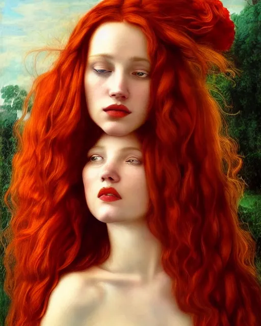 Image similar to a woman with long red hair and a flower in her hair, a photorealistic painting by Carla Wyzgala, pinterest, pre-raphaelitism, pre-raphaelite, enchanting, chiaroscuro