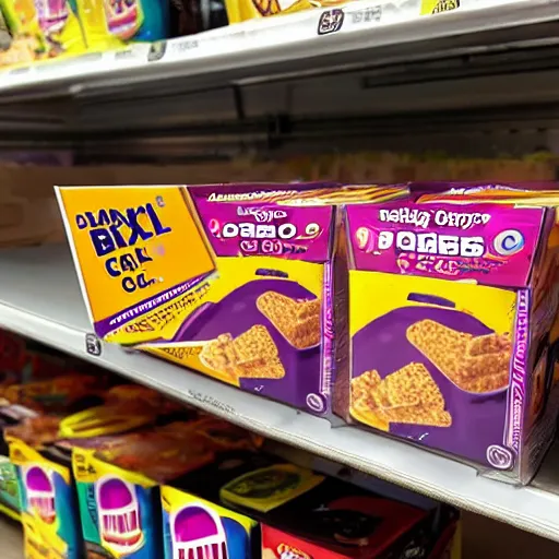 Prompt: a box of taco bell cereal on a grocery store shelf, photo