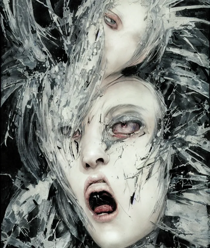 Image similar to Yoshitaka Amano realistic illustration of an anime girl with white hair and cracks on her face wearing dark souls armour with the cape fluttering in the wind, abstract black and white patterns on the background, noisy film grain effect, highly detailed, Renaissance oil painting, weird portrait angle