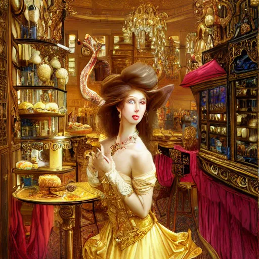 Image similar to Neo Rococo Expressionist, orientalism, diffuse lighting, fantasy, intricate, elegant, highly detailed, lifelike, photorealistic, digital painting, artstation, illustration, concept art, smooth, sharp focus, The City of Lisbon in a luxurious lavish cake shop, art by John Collier and Albert Aublet and Krenz Cushart and Artem Demura and Alphonse Mucha