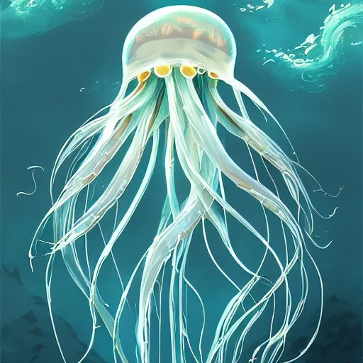 Image similar to studio ghibli jellyfish in a bright ocean deep focus, fantasy, intricate, elegant, highly detailed, digital painting, artstation, concept art, matte, sharp focus, illustration