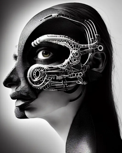 Image similar to a profile portrait, a stunning young woman - cyborg with a mutant crow head, editorial photography, bw, by roman sustov, by hr giger, shot on 7 0 mm, depth of field, f / 2. 8, high contrast, 1 6 k, volumetric lighting, shiny, insanely detailed and intricate, hypermaximalist, elegant, ornate