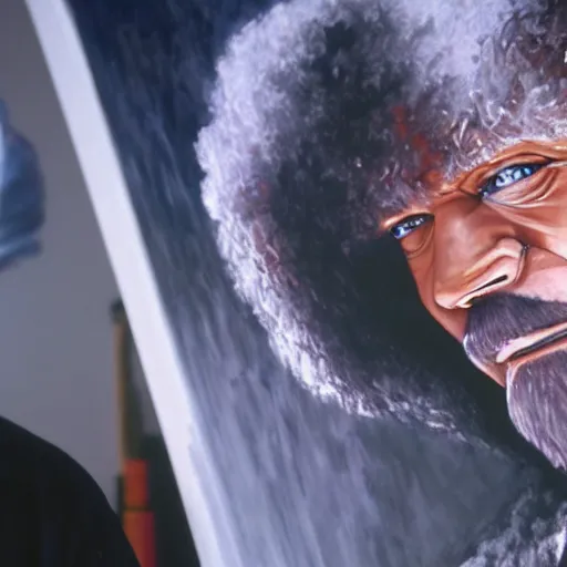 Image similar to a closeup photorealistic photograph of bob ross working on a canvas painting of darth vader. film still. brightly lit scene. mountains and trees. this 4 k hd image is trending on artstation, featured on behance, well - rendered, extra crisp, features intricate detail, epic composition and the style of unreal engine.