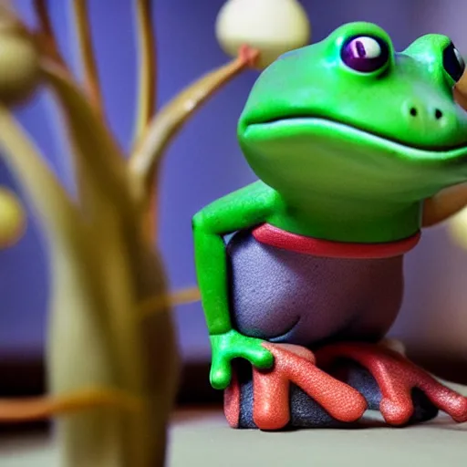 Prompt: a small frog standing on two feet at the hotel reception entry, claymation, aardman animation