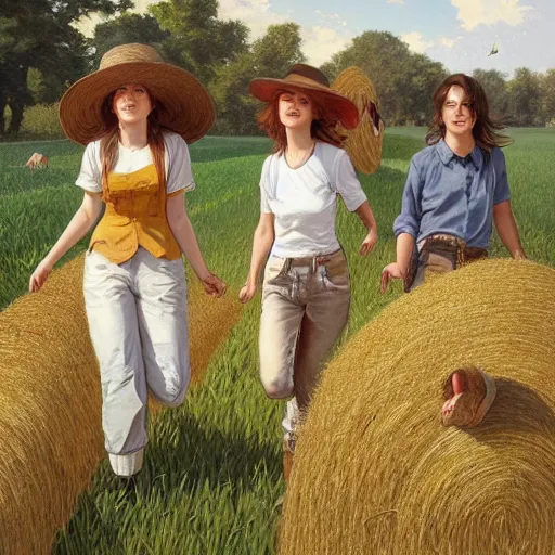 Image similar to ultra realistic illustration of three young friends walking on rails through the fields of hay, sunny summer day, nice mood, highly detailed, digital painting, artstation, concept art, smooth, sharp focus, illustration, art by artgerm and greg rutkowski and alphonse mucha