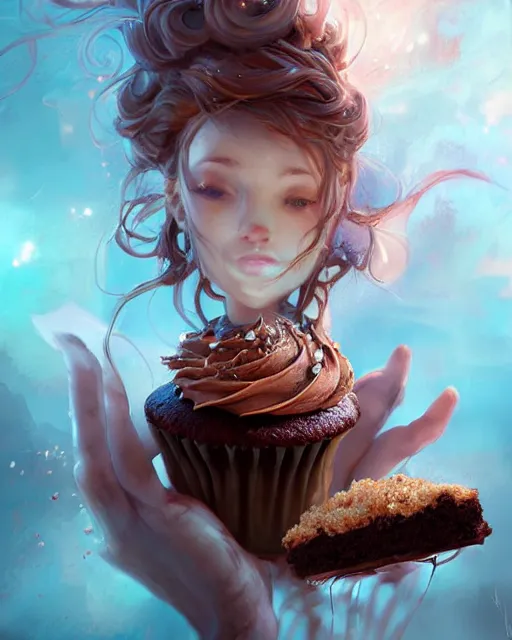 Image similar to a ( girl as personification of chocolate cupcake ), fantasy bakery, digital art by artgerm, krenz cushart, laurie greasly, wlop, ryohei hase, intricate, ( highly detailed figure ), sharp focus, smooth, epic composition, joyful, unreal engine