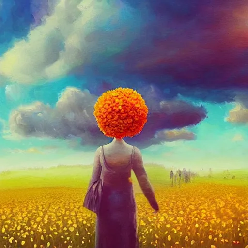 Prompt: girl with a giant flower as a face, surreal photography, dream, standing in flower field, hills, big trees, sunrise dramatic light, impressionist painting, colorful clouds, digital painting, pointillism, artstation, simon stalenhag, flower face