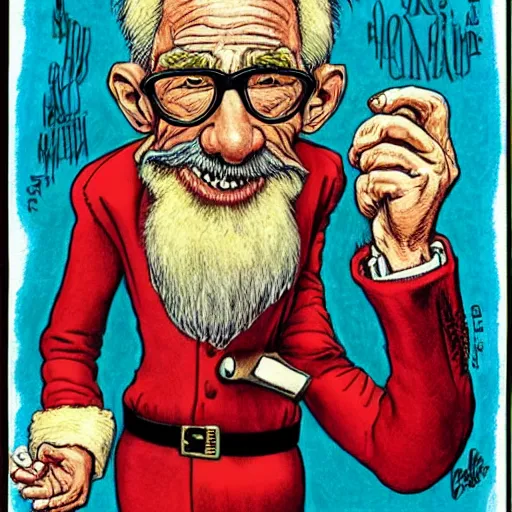 Image similar to The Artwork of R. Crumb and his Cheap Suit Santa Claus tells you to be good , pencil and colored marker artwork, trailer-trash lifestyle