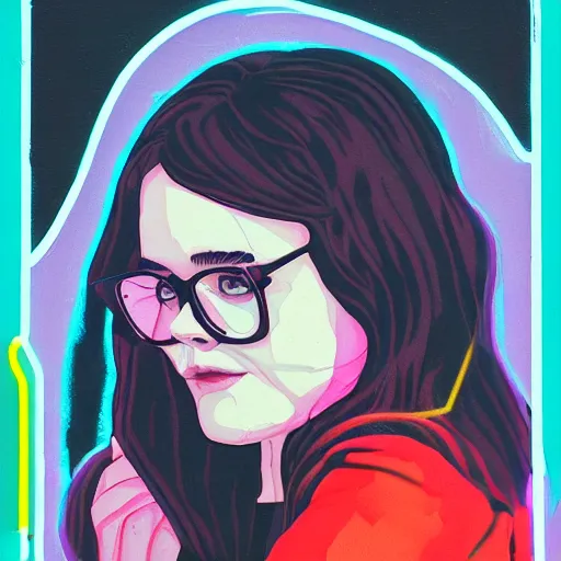 Image similar to Elle Fanning in front of a neon church picture by Sachin Teng, asymmetrical, dark vibes, Realistic Painting , Organic painting, Matte Painting, geometric shapes, hard edges, graffiti, street art:2 by Sachin Teng:4