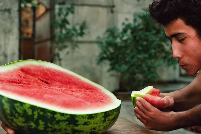 Image similar to closeup portrait of a young man punching a watermelon into a smoothie, magazine, press, photo, steve mccurry, david lazar, canon, nikon, focus