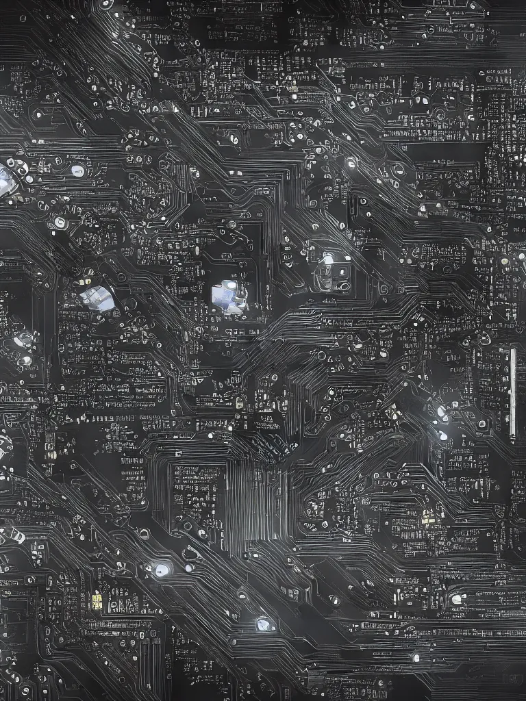 Image similar to big technology, intricate circuit board, cpu, bios chip, led, lcd display, integrated circuits, cmos, capacitors, intricate concept art matte painting, cyberspace, nature grotesque dark