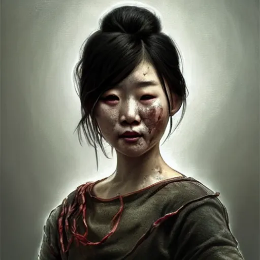 Image similar to portrait painting of a bloodied north korean female butcher, ultra realistic, concept art, intricate details, eerie, highly detailed, photorealistic, octane render, 8 k, unreal engine. art by artgerm and greg rutkowski and alphonse mucha