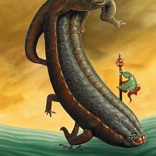 Image similar to a man rides on a gigantic Gecko, Fantasy Art