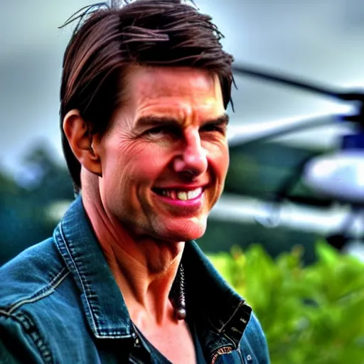 Image similar to Tom Cruise waving to fans. He's wearing bluejeans and a green jacket, Ralph Lauren. A helicopter is in the background. Shallow depth of field