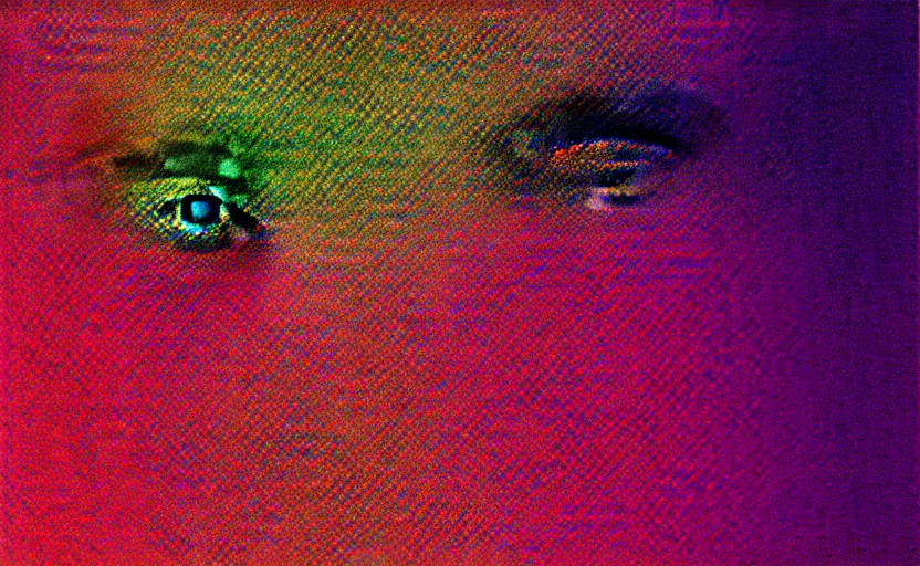 Prompt: vhs glitch art portrat of a woman hidden underneath a sheet, static colorful noise glitch, 1 9 8 0 s