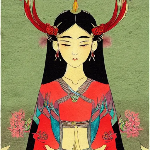 Prompt: Elven goddess in the style of Chinese watercolor,