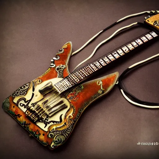 Prompt: photo of an eccentric steampunk electric guitar with ornaments, ultra realistic, mucha, art deco, art nouveau, neo goth, goth, cyberpunk