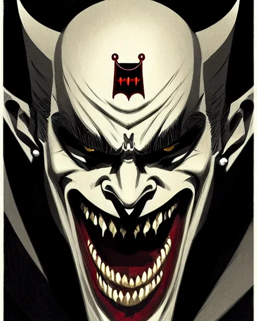 Image similar to handsome vampire king with crown and fangs, symmetrical face, evil, cinematic, dramatic, powerful, super detailed and intricate, by koson ohara, by darwyn cooke, by greg rutkowski, by satoshi kon