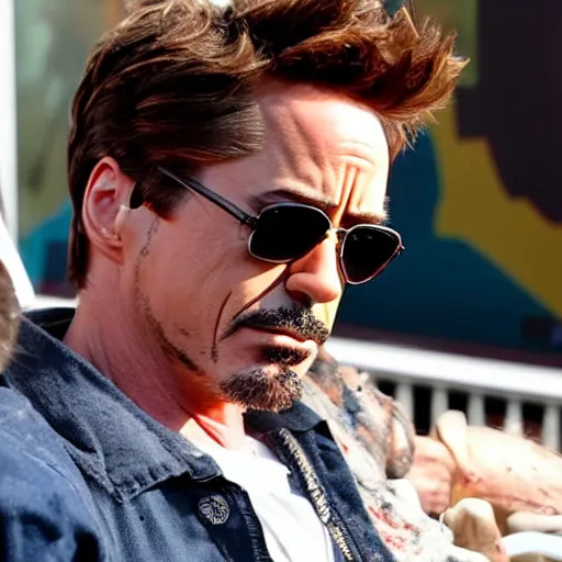 Prompt: robert downey jr with dark sunglasses, rotting facial flesh, inanimate corpse in a wheelchair, weekend at bernie's, bernie goes to vegas, movie poster