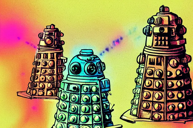 Image similar to daleks!, in the style of john avon and derek riggs and eva widermann, trending on artstation, halfrear lighting closeup view anaglyph filter, bokeh, anime, colored pencil art, belle epoque