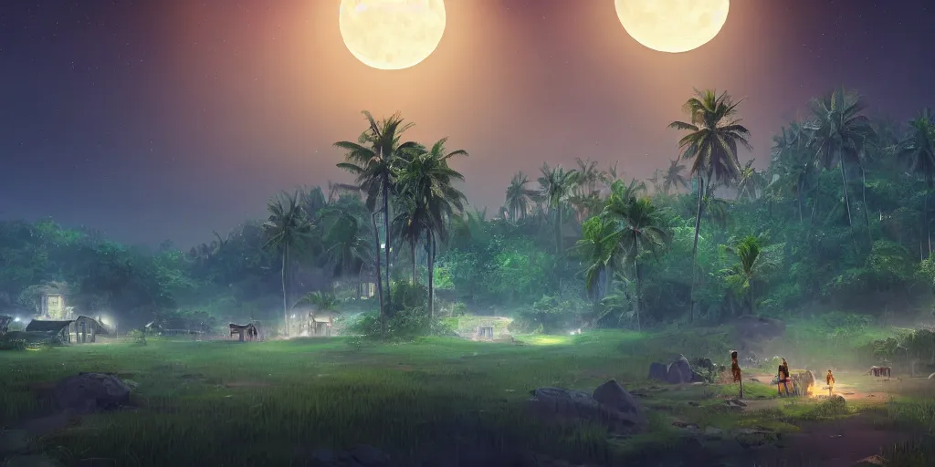 Image similar to Lively moonlit landscape of a kerala village, realistic detailed digital art by Maxwell Boas Jessica Rossier Christian Dimitrov Anton Fadeev trending on Artstation CGSociety rendered in Unreal Engine 4k HQ