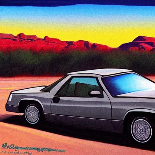 Image similar to a black 1990 Thunderbird super coupe driving on a desert highway viewed from the rear at sunset, oil painting