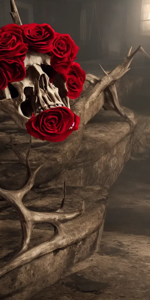 Prompt: blood dipping from a rose and growing out of a deer skull, unreal engine, realistic lighting, 4k, hyper realism