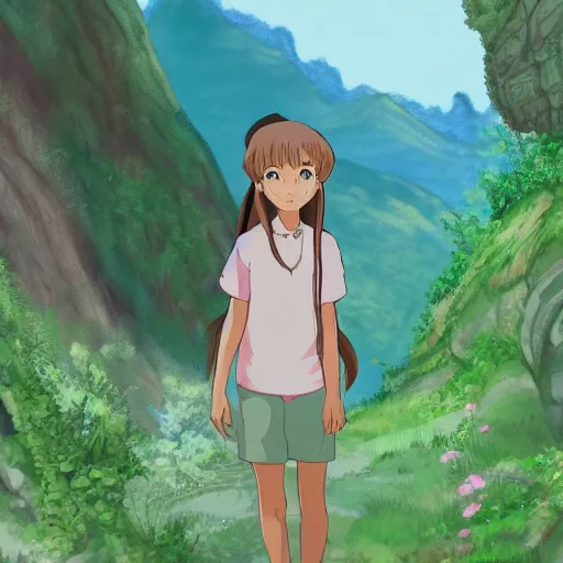 Image similar to Beautiful girl exploring a valley in Ghibli Studio style