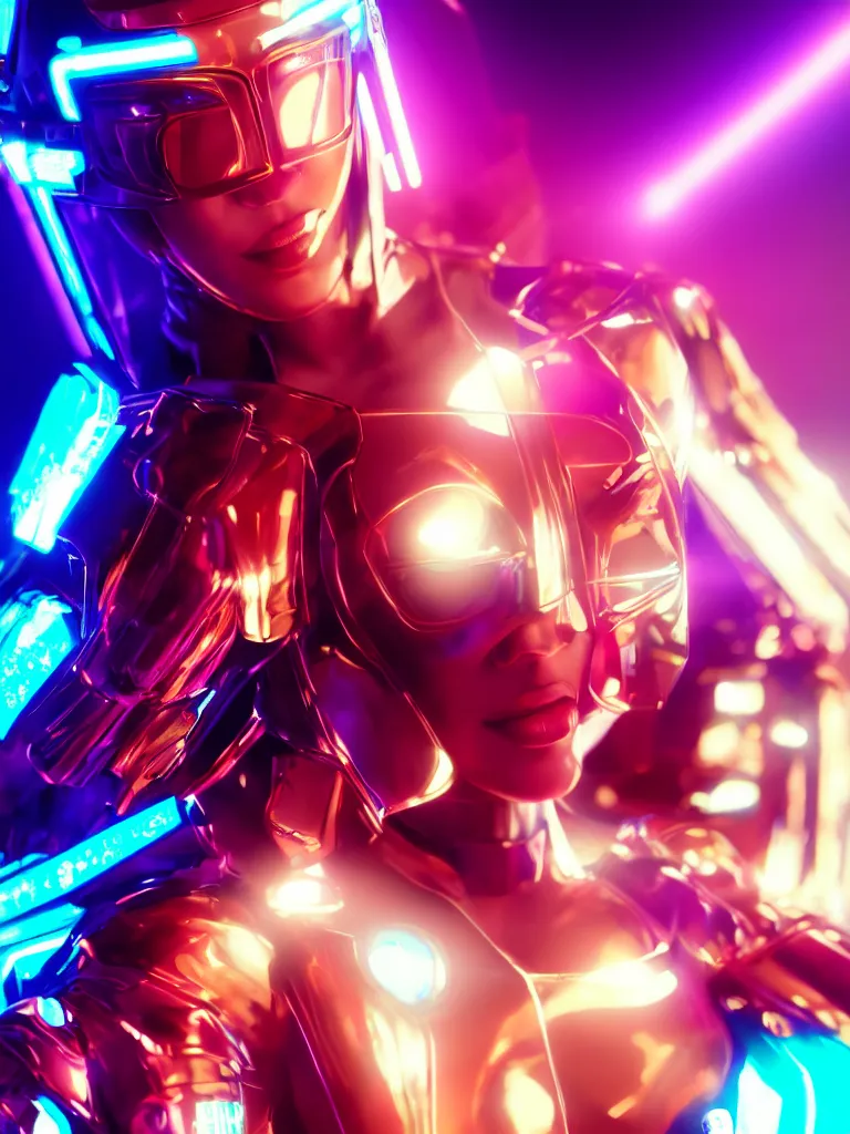 Prompt: cinematic, portrait photography, a beautiful beyonce android, perfect body, blue chrome armor, neon holographic ui data displays, pink space gun, hajime sorayama, masamune shirow, tron, octane rendered, 4 k, lens flare,