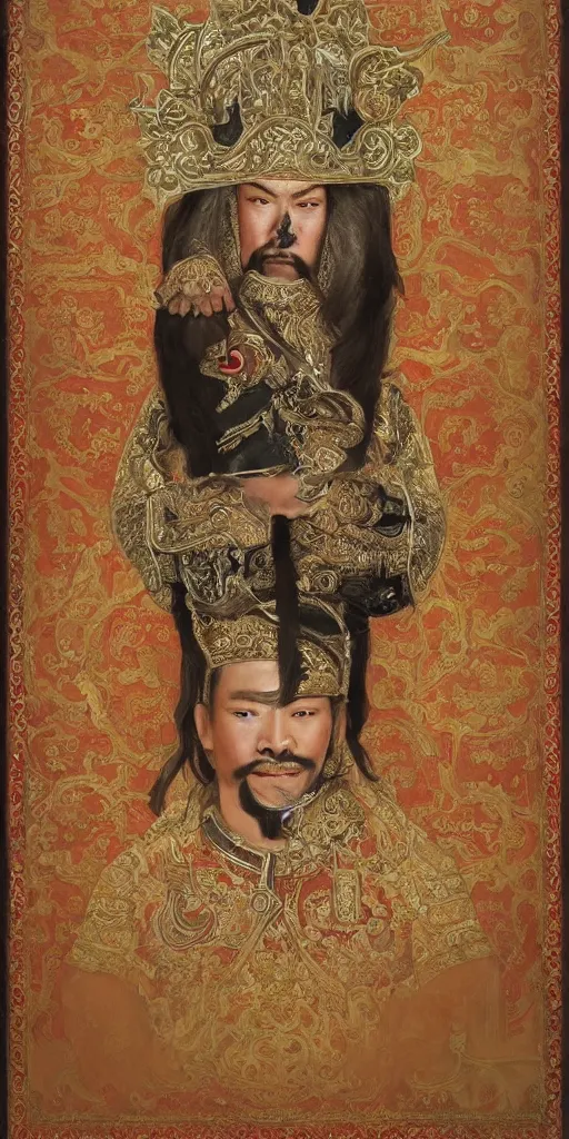 Image similar to a stunning and noble highly detailed romantic period style portrait of Kublai Khan by Josep Tapiró Baró, trending on artstation, oil painting masterpiece, ((symmetry)), ((((fractals))), Chinese & Mongolian iconography