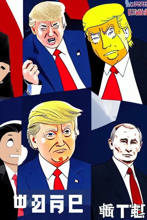 Image similar to joe biden and donald trump and vladimir putin and xi jinping manga, color, best scene, studio ghibli, chibi style, by katsuhiro otomo and hiroya oku and makoto yukimura