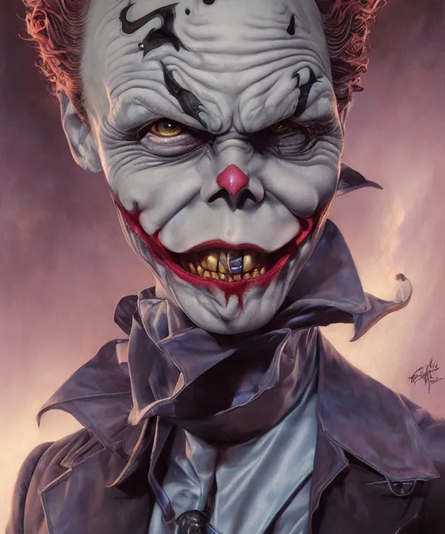 Prompt: beautiful evil fantasy baby joker portrait, ultra realistic, wide angle, intricate details, the fifth element artifacts, highly detailed by peter mohrbacher, hajime sorayama, wayne barlowe, boris vallejo, aaron horkey, gaston bussiere, craig mullins