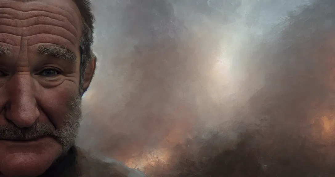 Image similar to robin williams is god, heaven, portrait, intricate, detailed, volumetric lighting, scenery, digital painting, highly detailed, artstation, sharp focus, illustration, concept art, ruan jia, steve mccurry