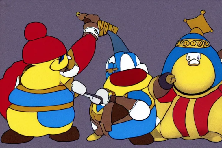 Prompt: King Dedede clobbers a waddle dee in the style of John Bauer