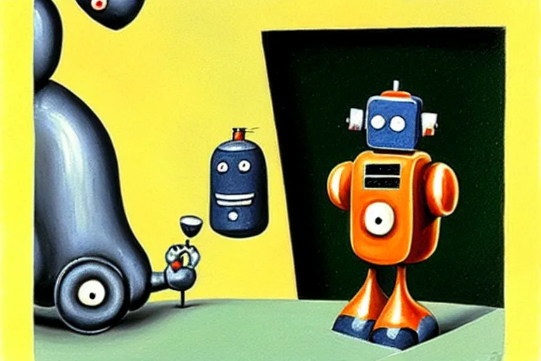 Prompt: a cute little robots painting by charles addams