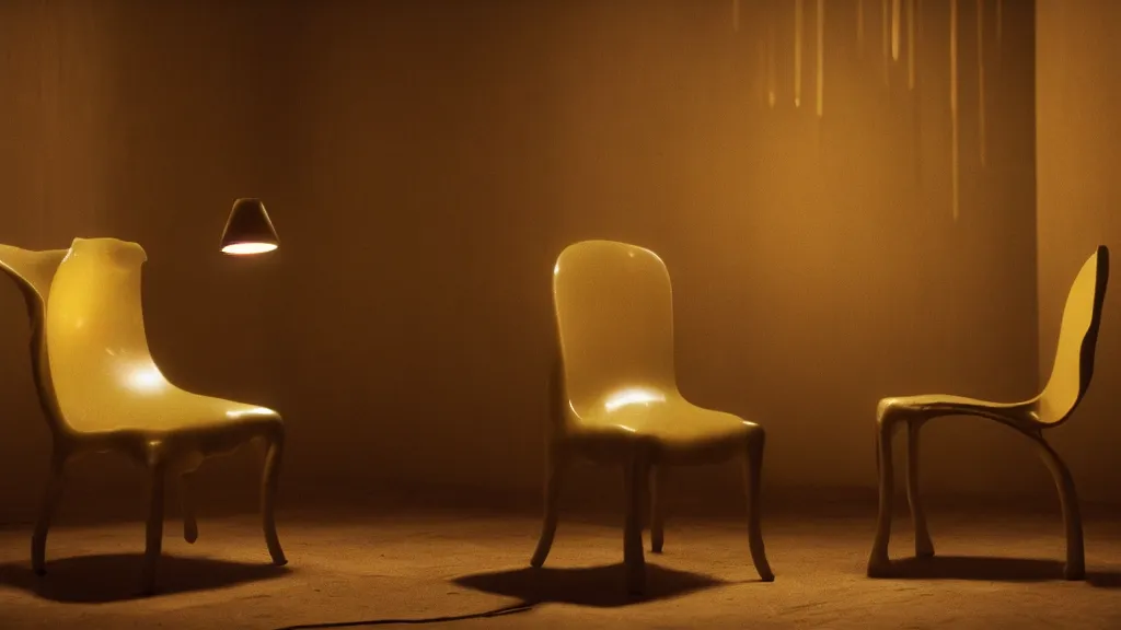 Image similar to glowing oil, in the shape of a chair, film still from the movie directed by denis villeneuve and david cronenberg with art direction by salvador dali and dr. seuss