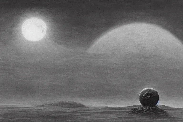 Image similar to Cthulhu on lunar horizon by Zdzislaw Beksinski, photorealistic, 35mm, highly detailed