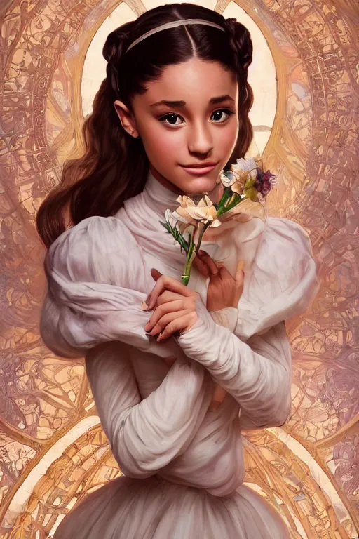 Prompt: beautiful cottagecore Ariana Grande holding a skin colored vase. intricate, elegant. the background is made of human bodies !. highly detailed, digital painting, artstation, concept art, smooth, sharp, focus, illustration. . art by artgerm and greg rutkowski and alphonse mucha