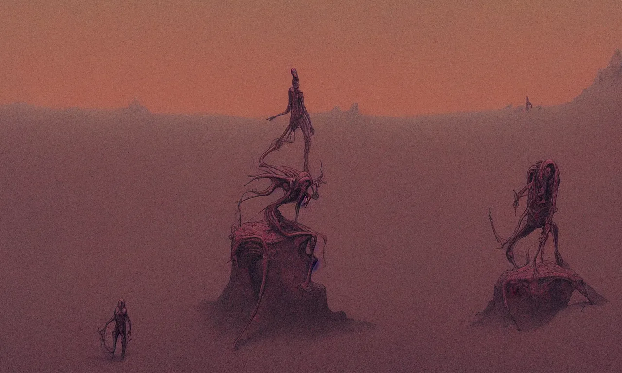 Image similar to the alien devil desert in the style of beksinski and moebius