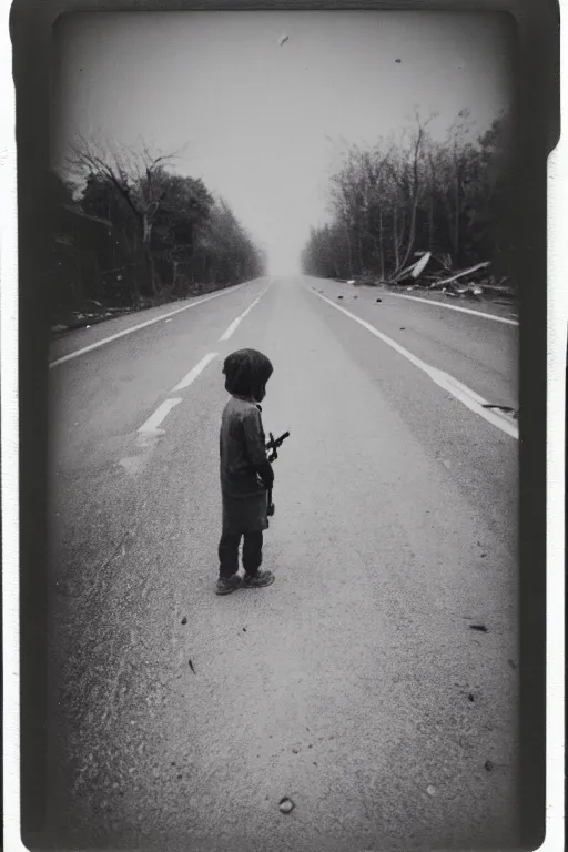 Image similar to photo polaroid of a sad and lonely child in the middle of a road destroyed by bombs ,war, has a gun in his hand, loneliness,, black and white ,photorealistic, 35mm film,