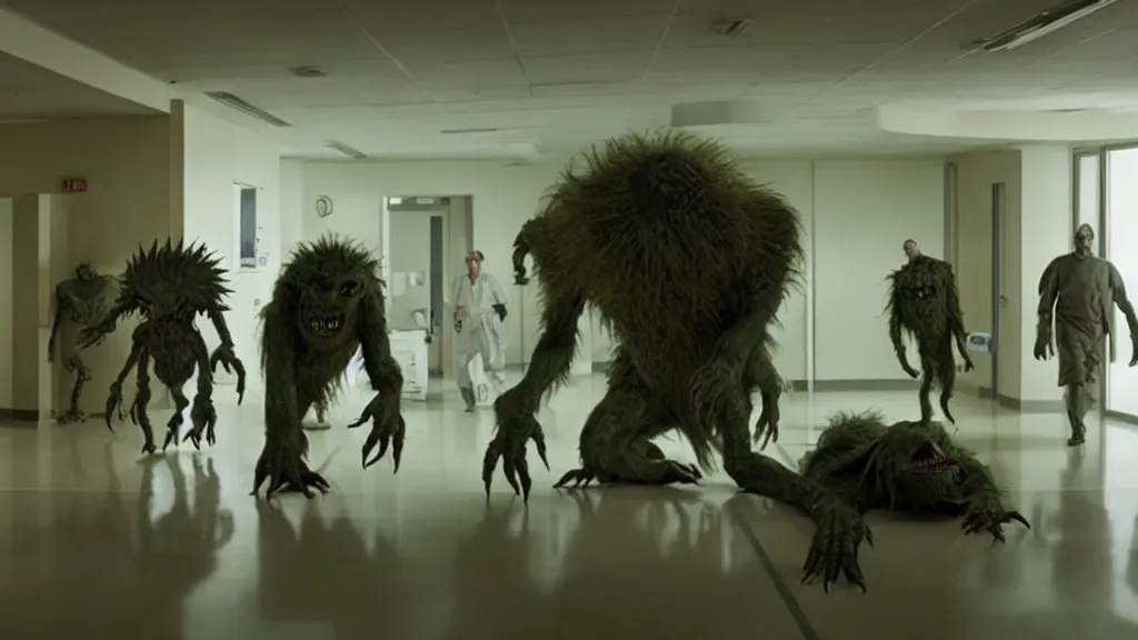 Image similar to monsters invade the hospital, film still from the movie directed by denis villeneuve and david cronenberg with art direction by salvador dali, wide lens