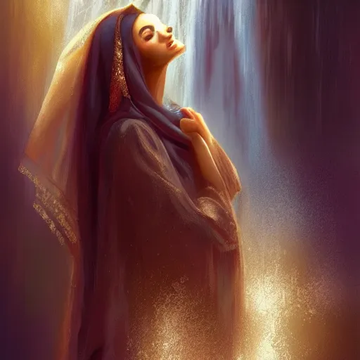 Image similar to beautiful Arab woman, white transparent veil black hair, bathing in a waterfall, ethereal, emotive, fine art, water mist, mystical, Romanticism, golden light digital painting, artstation, concept art