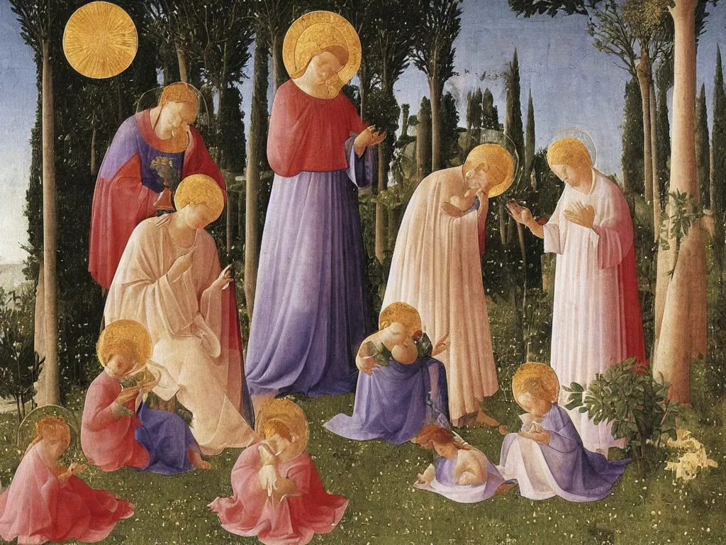 Prompt: Woman dressed in white with six babies. Iris flower in a vase, garden outside with Cypresses. An angel is arranging the seashells. Painting by Fra Angelico.