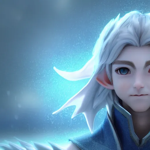 Image similar to elf boy render as a very beautiful 3d anime boy, silver hair, azur green eyes, full round face, belly free Cloak, short smile, in snow, cinematic lightning, medium shot, mid-shot, highly detailed, trending on Artstation, Unreal Engine 4k, cinematic wallpaper