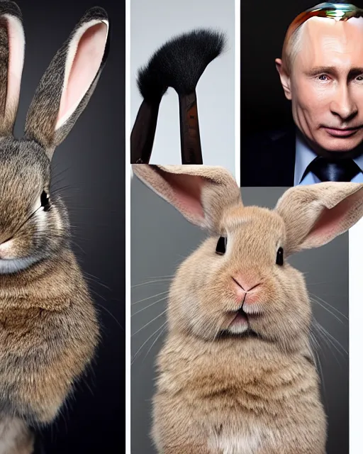 Image similar to headshots of vladimir putin sitting in a makeup chair wearing highly detailed rabbit prosthetic makeup in the style of rick baker, vladimir has long rabbit ears, rabbit fur, rabbit snout, studio lighting, soft focus