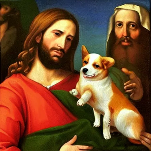Prompt: a renaissance oil painting of jesus holding a corgi